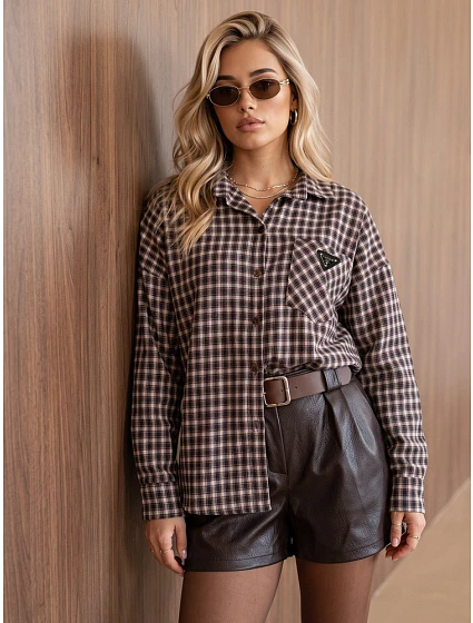 Dámska bavlnená košeľa s hnedým kockovaným vzorom FashionStreet DY0504 Dámska bavlnená košeľa s hnedým kockovaným vzorom FashionStreet DY0504