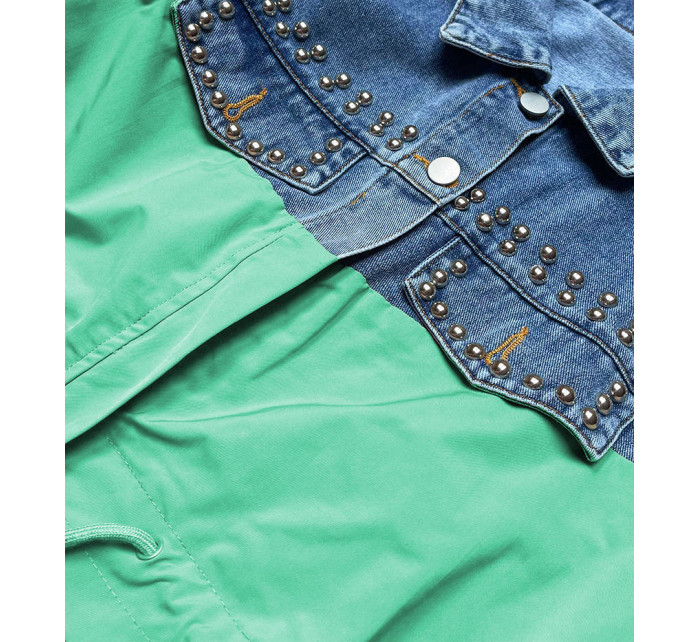 Svetlo modro-zelená dámska džínsová denim bunda z rôznych spojených materiálov (PFFS12233)