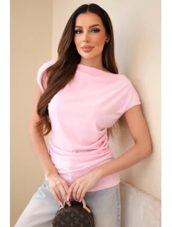 Dámska rebrovaná blúzka z viskózy s vodopádovým výstrihom a riasením candy pink