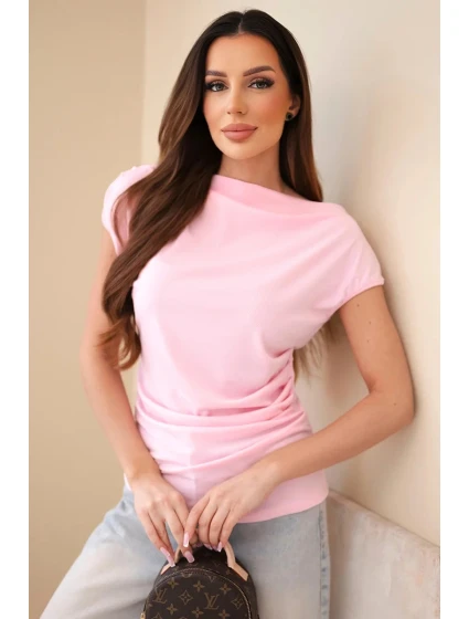 Dámska rebrovaná blúzka z viskózy s vodopádovým výstrihom a riasením candy pink