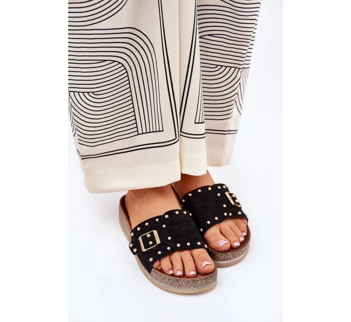 Klapki Damskie Na Platformie Z Klamrą I Ćwiekami Czarne Nusithia