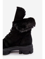 Semišové šnurovacie pracovné členkové topánky s kožušinou, čierne Frendo