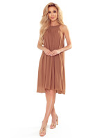 ALIZEE - Dámske šifónové šaty v mocca farbe so zaväzovaním 350-8