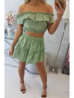 Vyšívaný komplet s pruhovanou blúzkou tmavo mätový