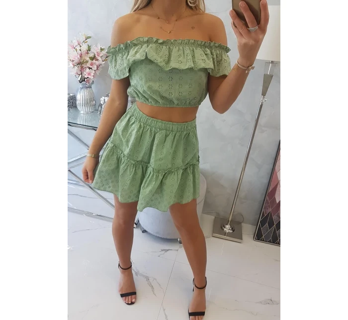 Vyšívaný komplet s pruhovanou blúzkou tmavo mätový