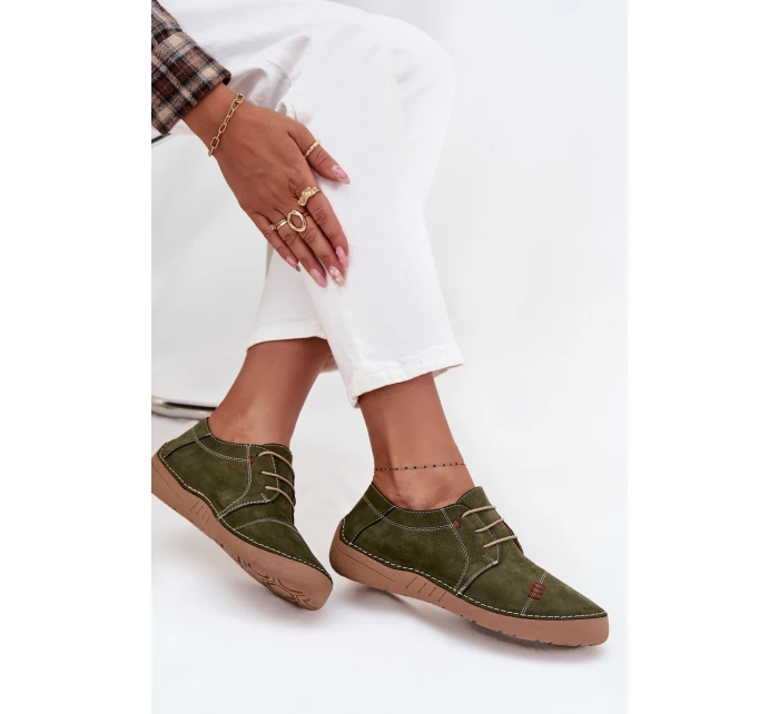 Skórzane Półbuty Damskie Z Przeszyciami Artiker 57C2112 Zielone