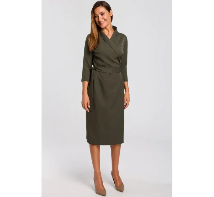 S175 Zavinovacie šaty s viazaním - khaki farba