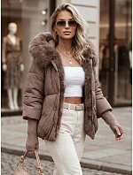 Dámska zimná bunda s kožušinou a kapucňou v farbe taupe, FashionStreet TY5888 Dámska zimná bunda s kožušinou a kapucňou v farbe taupe, FashionStreet TY5888