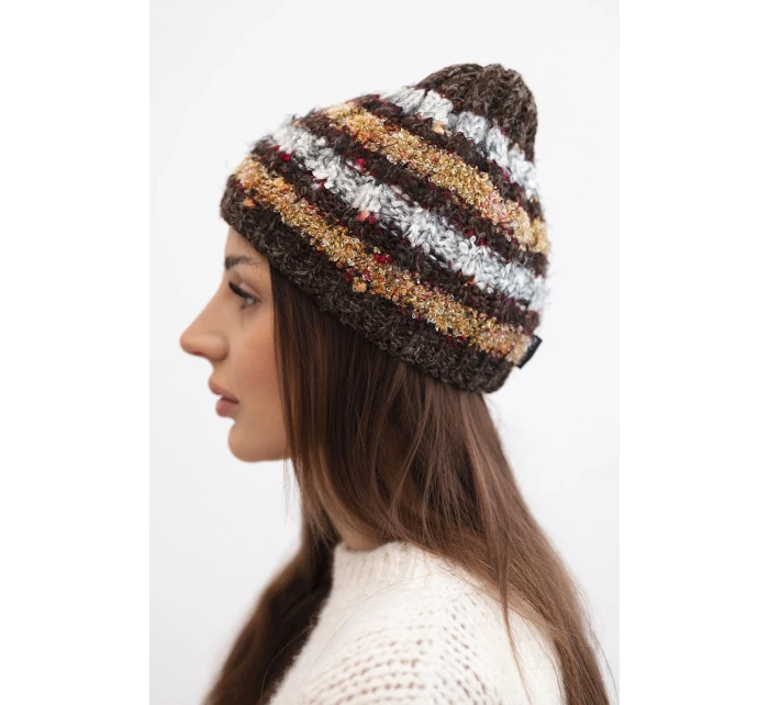 Dámska zimná čiapka s farebným vláknom a elastickou šnúrkou K352 hnedá+biela