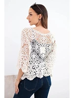 Dámský bavlněný prolamovaný svetr s krátkým rukávem a ozdobným vzorem béžový