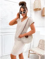 Béžovo-biele letné dámske bavlnené pruhované šaty (762)