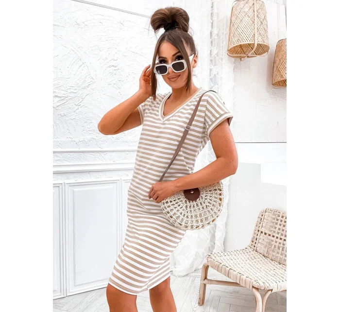 Béžovo-biele letné dámske bavlnené pruhované šaty (762)