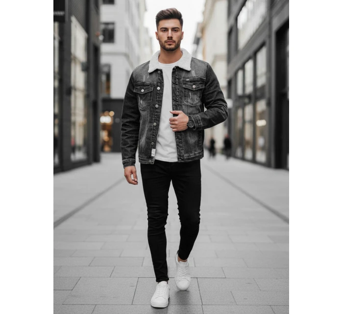 Pánská zateplená džínová bunda s ovčí kůží šedá Dstreet model 21995187 - FashionStreet