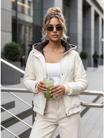 Dámska prechodná prešívaná bunda s kapucňou ecru FashionStreet TY5617