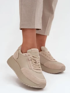Skórzane Sneakersy Damskie Na Platformie Artiker 55C0021 Beżowe