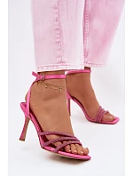 Dámské sandály na podpatku s pásky a kamínky fuchsiové Chiara