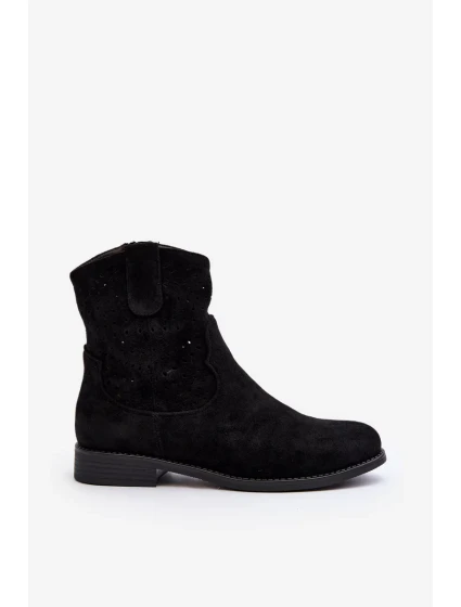 S.Barski dámské prolamované kotníkové boty na plochém podpatku, černé