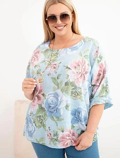 Dámske bavlnené Plus veľkosť blúzka s krátkymi rukávmi a kvetinovým vzorom modrá