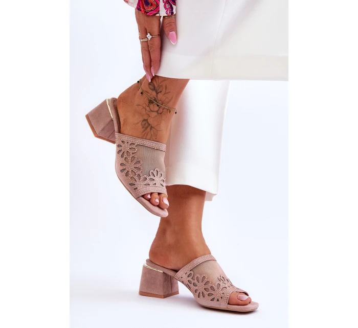 Síťované pantofle na podpatku model 21619113 Nude - S.Barski