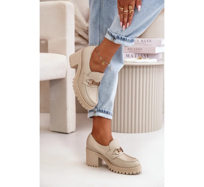 Zazoo 20175 Półbuty Damskie Na Słupku Skóra Naturalna Jasnobeżowe