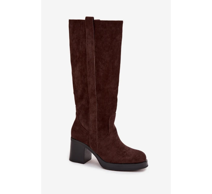 Dámské zimní kozačky na masivním podpatku čokoládové model 21715042 - Boto