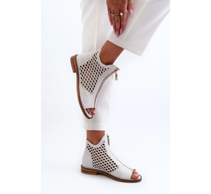 Zazoo 977/L Skórzane Ażurowe Sandały Na Zamek Białe