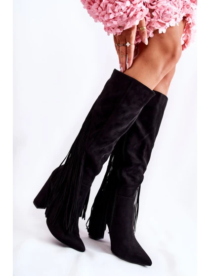 semišové kozačky s třásněmi Černé model 21593023 - Boto