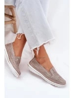 Zamszowe Ażurowe Półbuty Mokasyny Damskie Złote Redileine