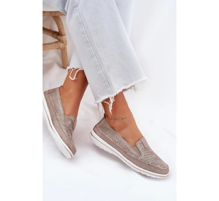 Zamszowe Ażurowe Półbuty Mokasyny Damskie Złote Redileine