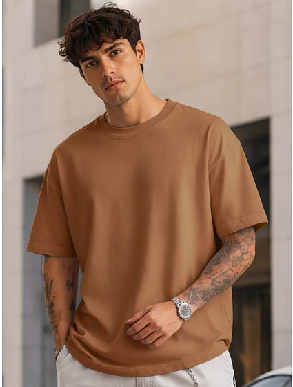 Pánske základné bavlnené tričko nadrozmernej veľkosti v ťavej farbe FashionStreet RX5685