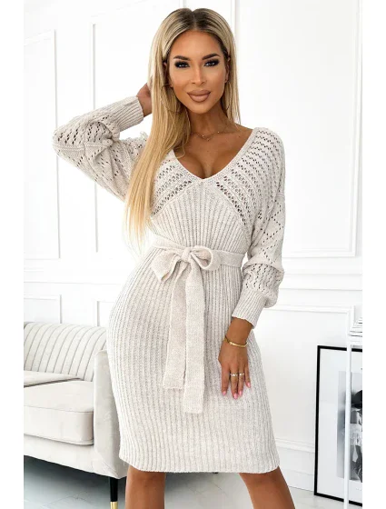 Béžové dámské ažurové šaty s výstřihem a zavazováním model 18948244 - numoco basic