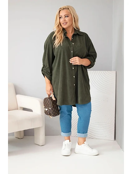 Dámská košile Plus Size z viskózy manšestrová s model 22297046 rukávy khaki - K-Fashion