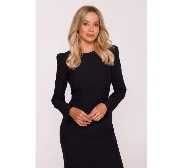 S412 Šaty v tvare ceruzky s ozdobnými ramenami - čierne