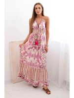 Dámské viskózové šaty na ramínka s hlubokým výstřihem a volánem fialka