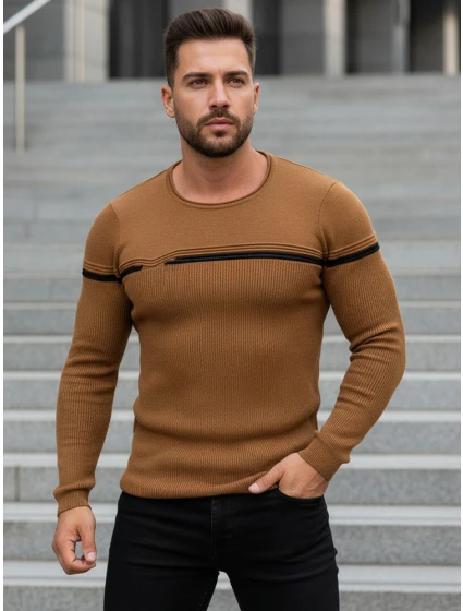 Pánsky sveter ťavej farby cez hlavu FashionStreet WX1625