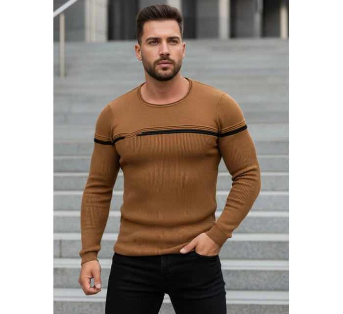 Pánsky sveter ťavej farby cez hlavu FashionStreet WX1625