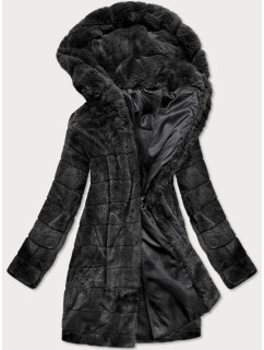 Čierna dámska bunda - kožúšok s kapucňou (BR9746-1)