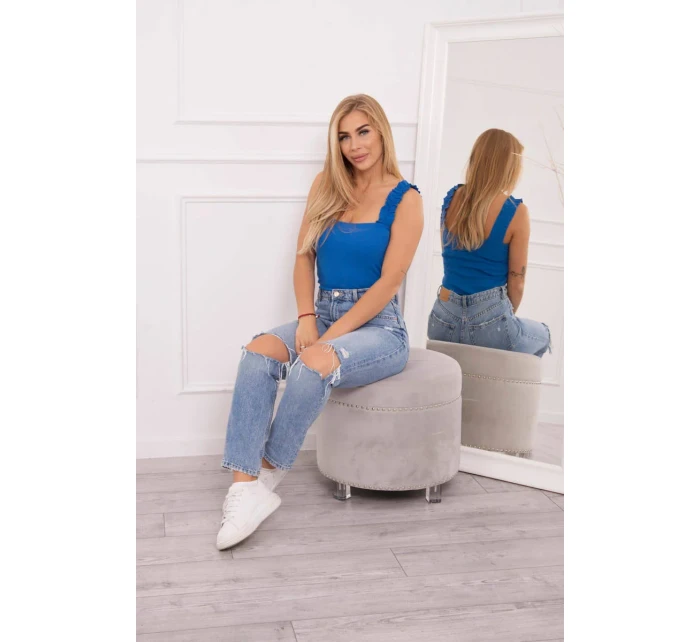 Halenka bez ramínek s volánky chrpově modrá