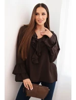 Dámska viskózna blúzka s volánmi a dlhými rukávmi hnedá Dámska viskózna blúzka s volánmi a dlhými rukávmi hnedá