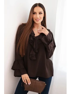 Dámska viskózna blúzka s volánmi a dlhými rukávmi hnedá