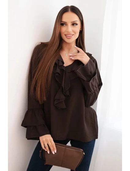 Dámska viskózna blúzka s volánmi a dlhými rukávmi hnedá Dámska viskózna blúzka s volánmi a dlhými rukávmi hnedá