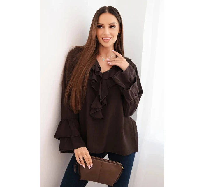 Dámska viskózna blúzka s volánmi a dlhými rukávmi hnedá Dámska viskózna blúzka s volánmi a dlhými rukávmi hnedá