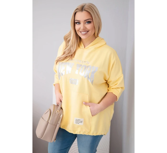 Dámská mikina Plus Size z viskózy s kapucí a klokaní kapsou žlutá Dámská mikina Plus Size z viskózy s kapucí a klokaní kapsou žlutá