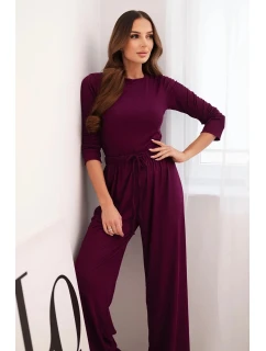 Dámská viskózová souprava s halenkou a širokými kalhotami tmavě fialová