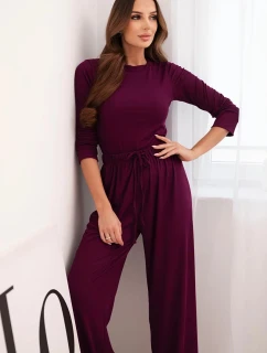 Dámská viskózová souprava s halenkou a širokými kalhotami tmavě fialová