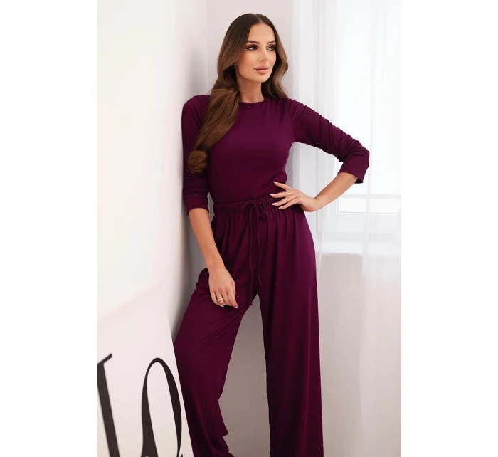 Dámská viskózová souprava s halenkou a širokými kalhotami tmavě fialová