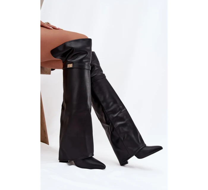 Ocieplane Kozaki Z Wywiniętą Cholewką Za Kolano Obcas Słupek Czarne Serelle