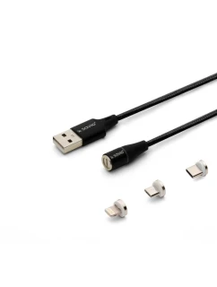 MAGNETICKÝ KÁBEL SAVIO USB - USB TYP C, MICRO A LIGHTNING, 2 M, ČIERNY CL-155