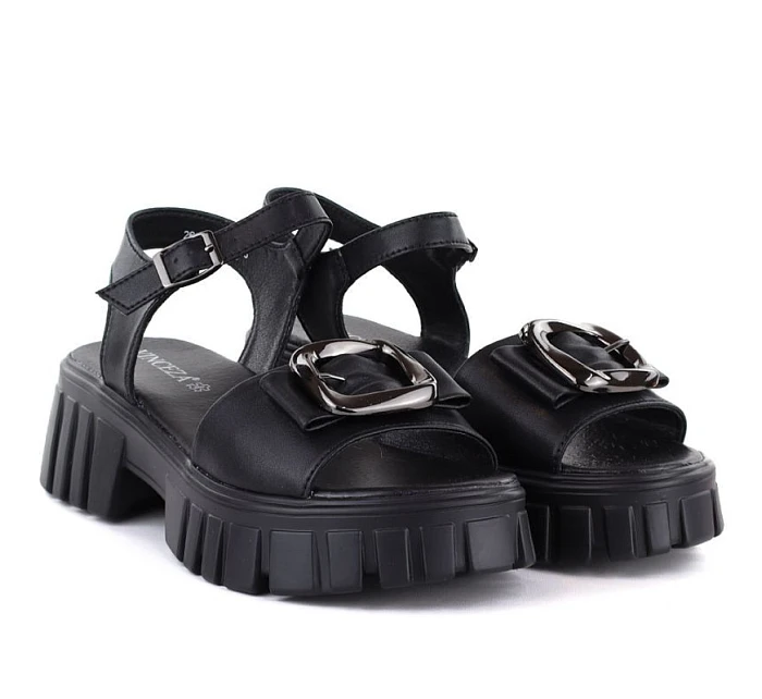 Dámské kožené sandály na platformě se zdobením černé model 22116381 - VINCEZA