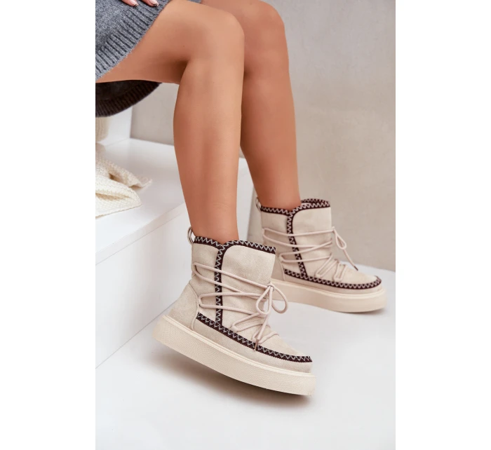 Śniegowce Damskie Z Haftem Na Platformie Jasnobeżowe Naleris